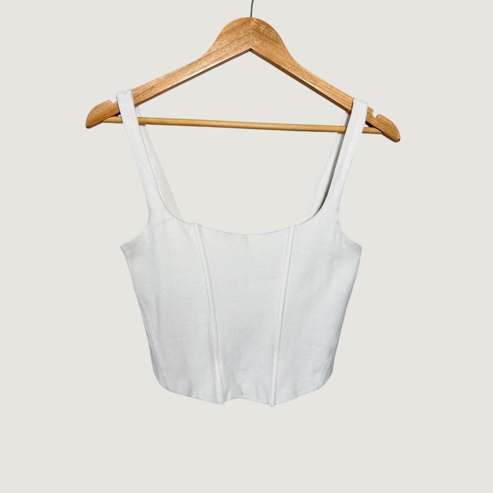 Forever 21 White Ribbed Corset Crop Top Square Neck Zipper Back Large